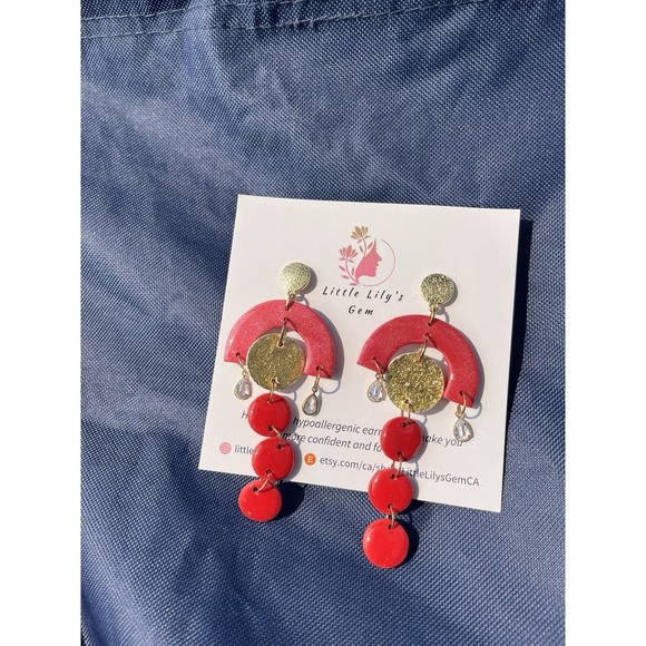 Handmade  Red And gold  Polymer Clay   Dangle Earrings - Picture 7 of 9